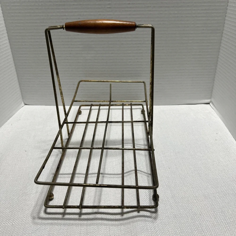Vintage MCM Gold Tone Wire/8 Glass Caddy Wood Handle Barware Carrier